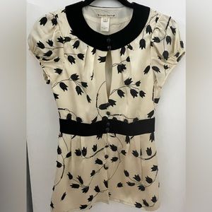 NWOT Nanette Lepore Silk Blouse with Black Velvet Trim.